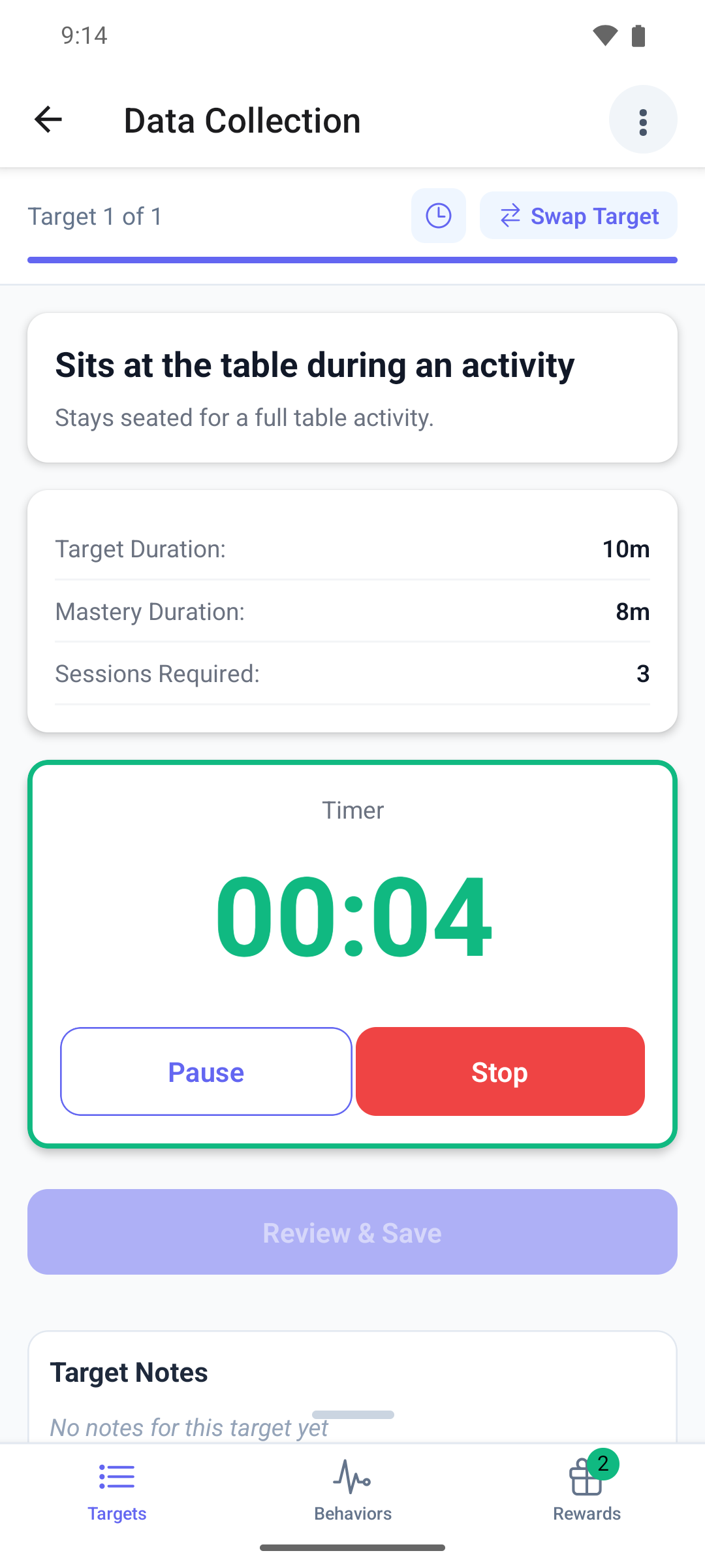 A duration target in the mobile app with the target and mastery durations and the running timer with the Pause and Stop buttons