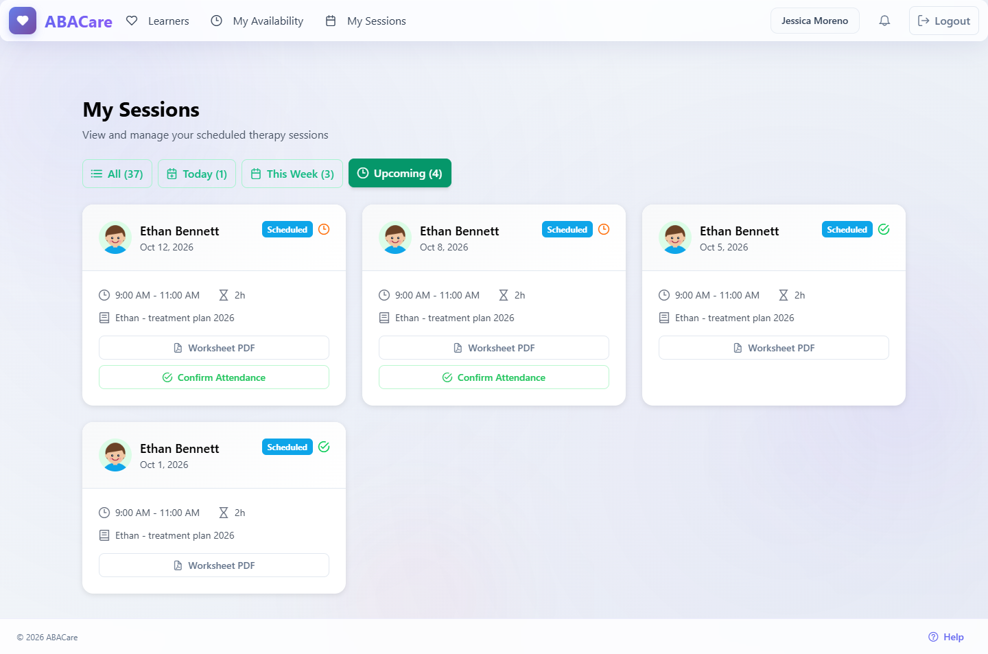 The My Sessions page in the web app on the Upcoming filter, with confirmed and unconfirmed session cards