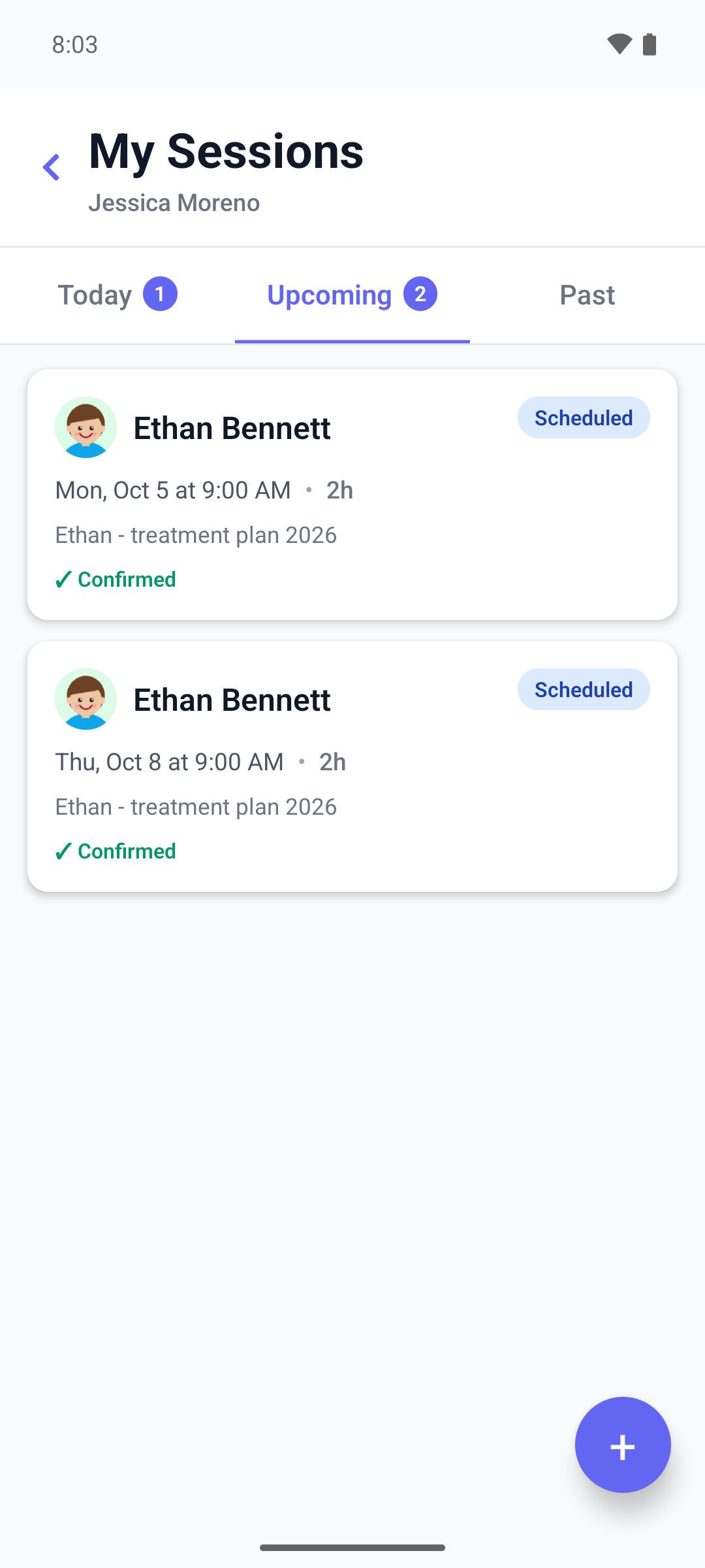 The My Sessions screen in the mobile app on the Upcoming tab