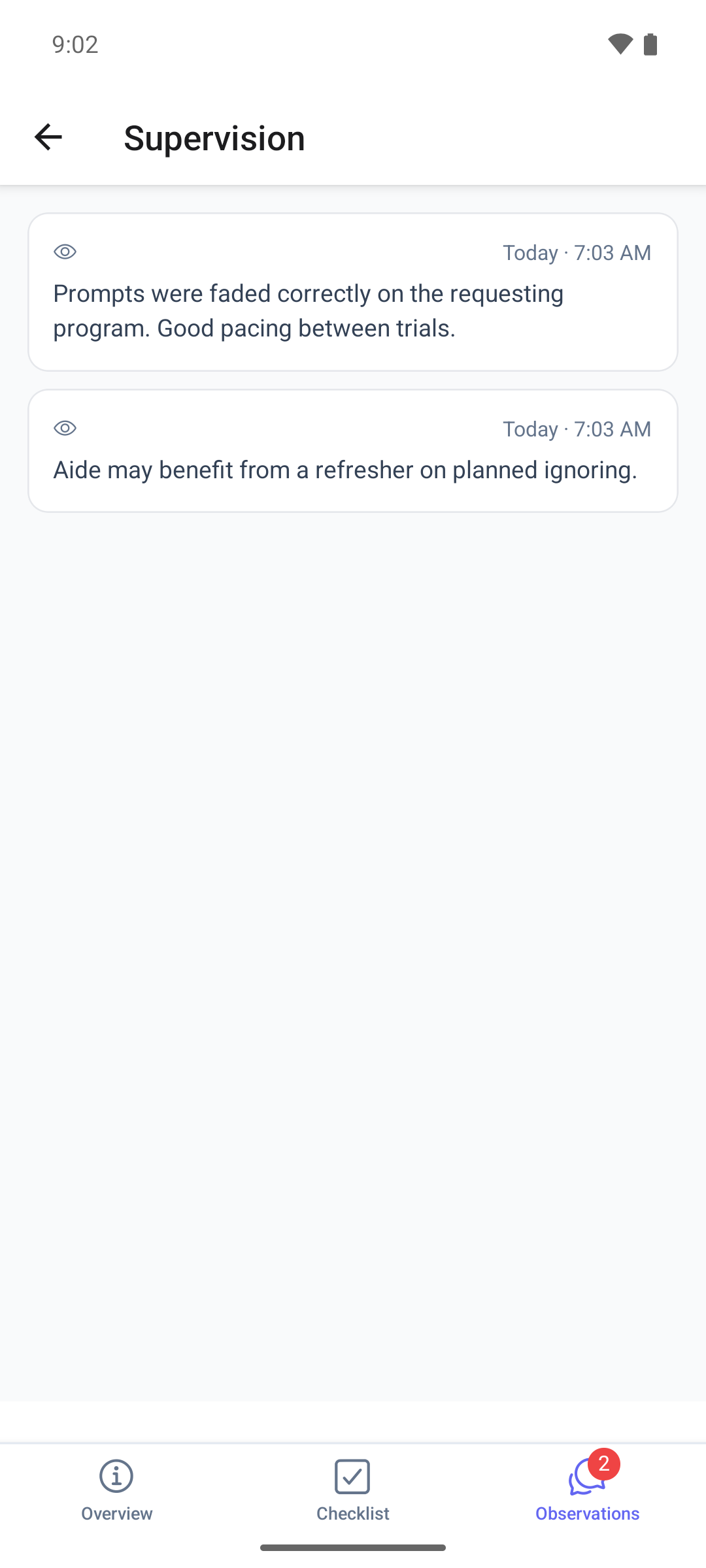 The Observations tab of a completed supervision in the mobile app with shared observations