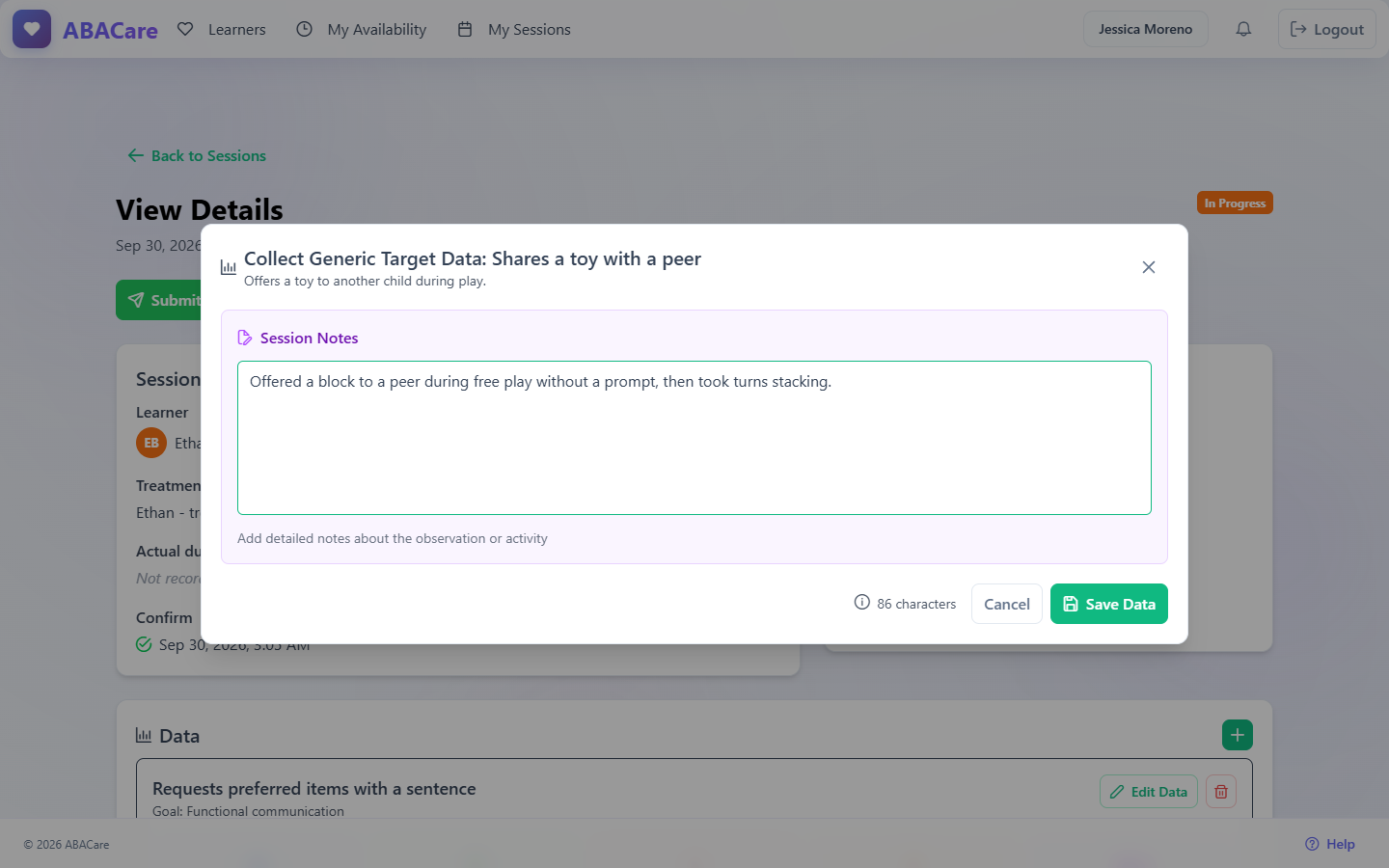 The generic note window in the web app with an observation typed under Session Notes and the Save Data button