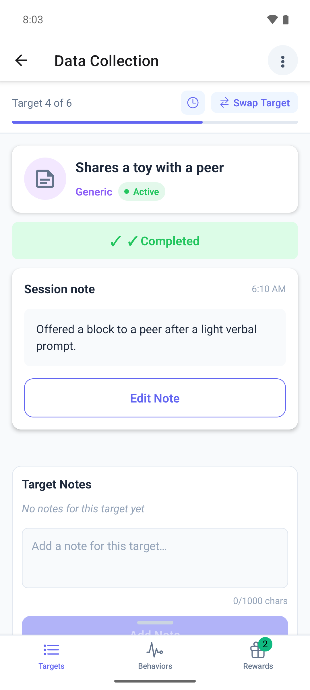 A generic target in the mobile app with a saved note, the Completed badge and the Edit Note button