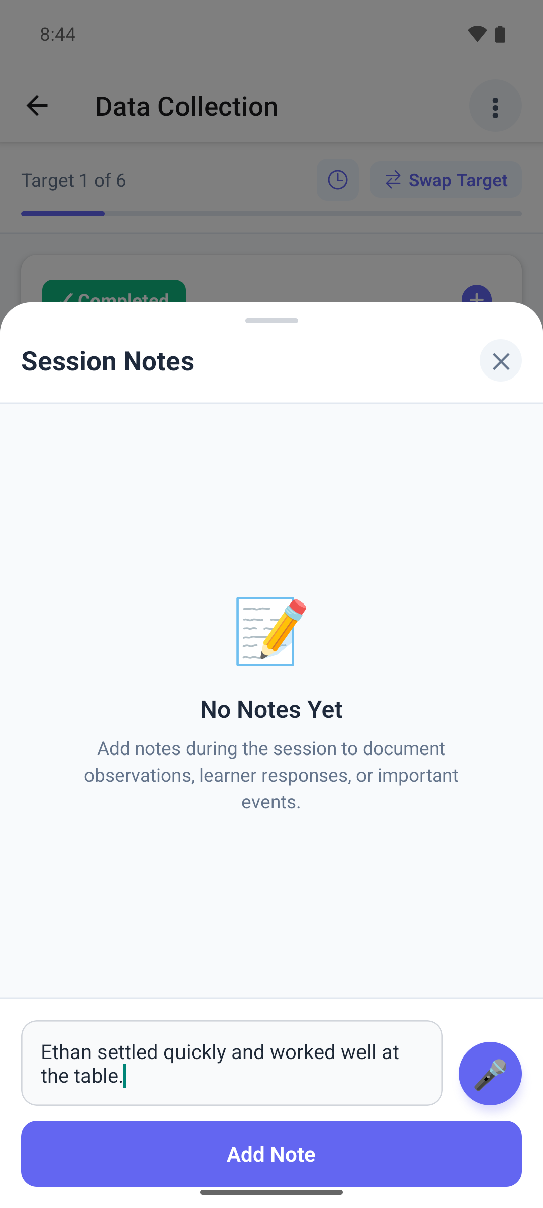 The Session Notes sheet in the mobile app with a note being typed and the Add Note button