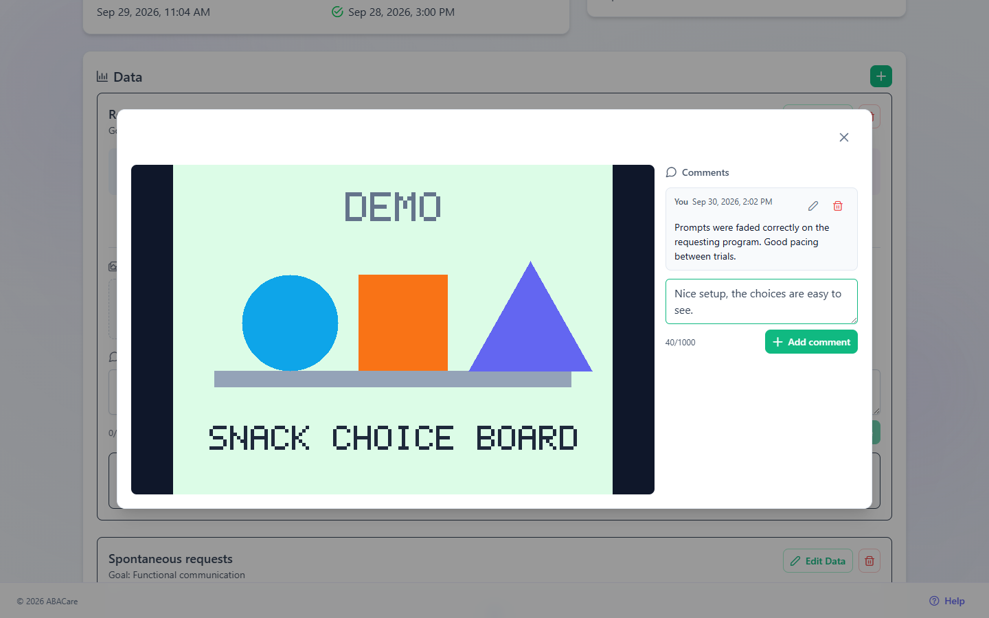 A session photo opened in the web app, with a BCBA comment under Comments and the Add a comment box