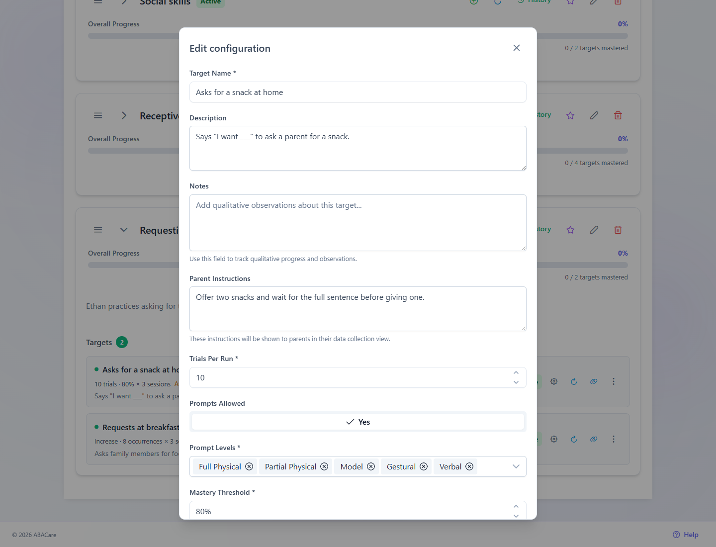 The Edit configuration window of a target under an assigned goal, with the Parent Instructions field filled in
