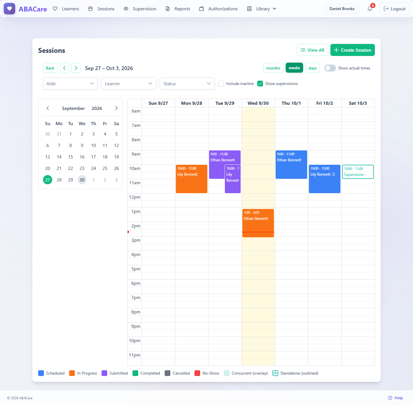 The session calendar in the web app in week view, with sessions colored by status, a supervision overlay and the legend