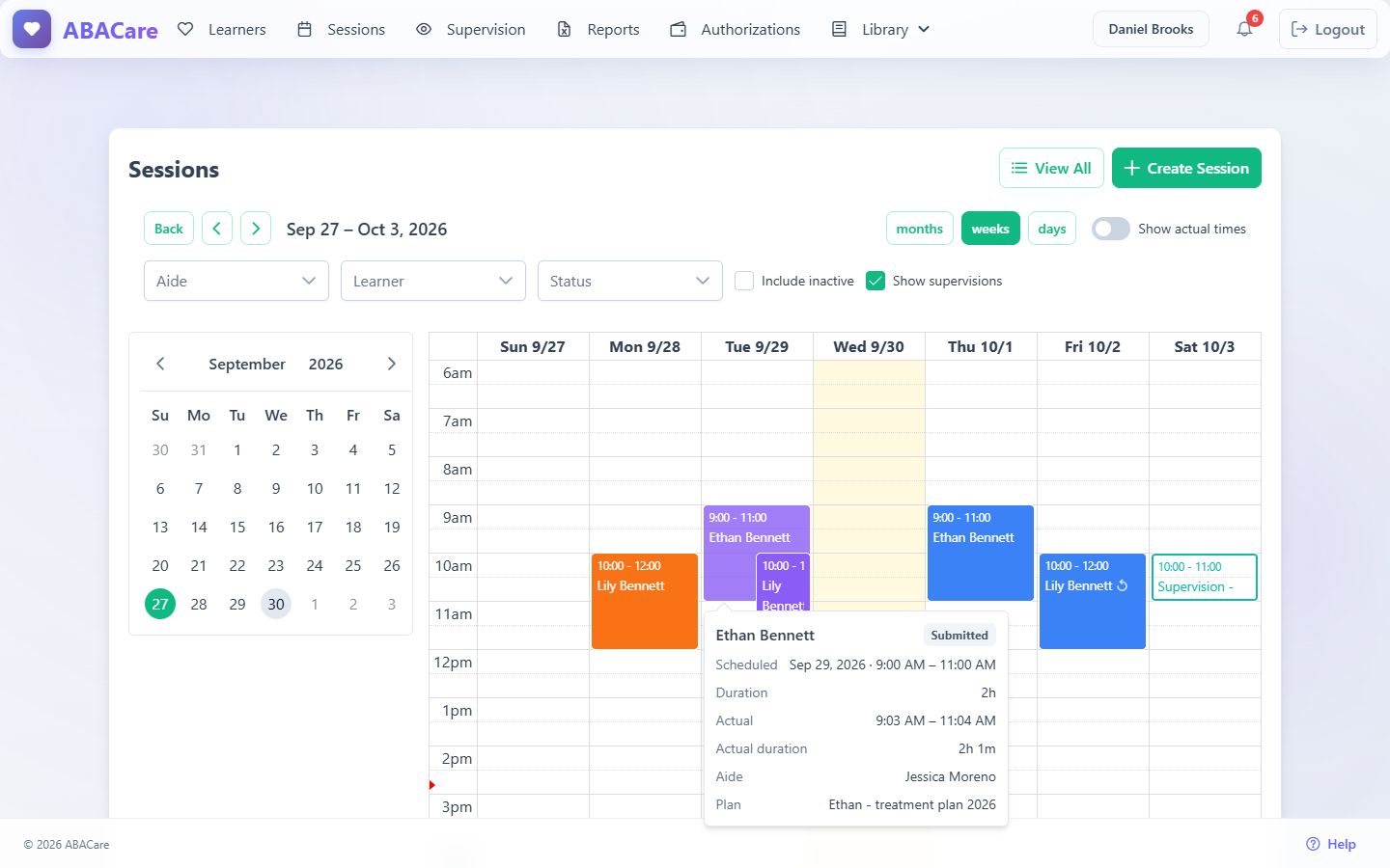 The Session details card over a submitted session on the calendar, with scheduled and actual times, aide and plan