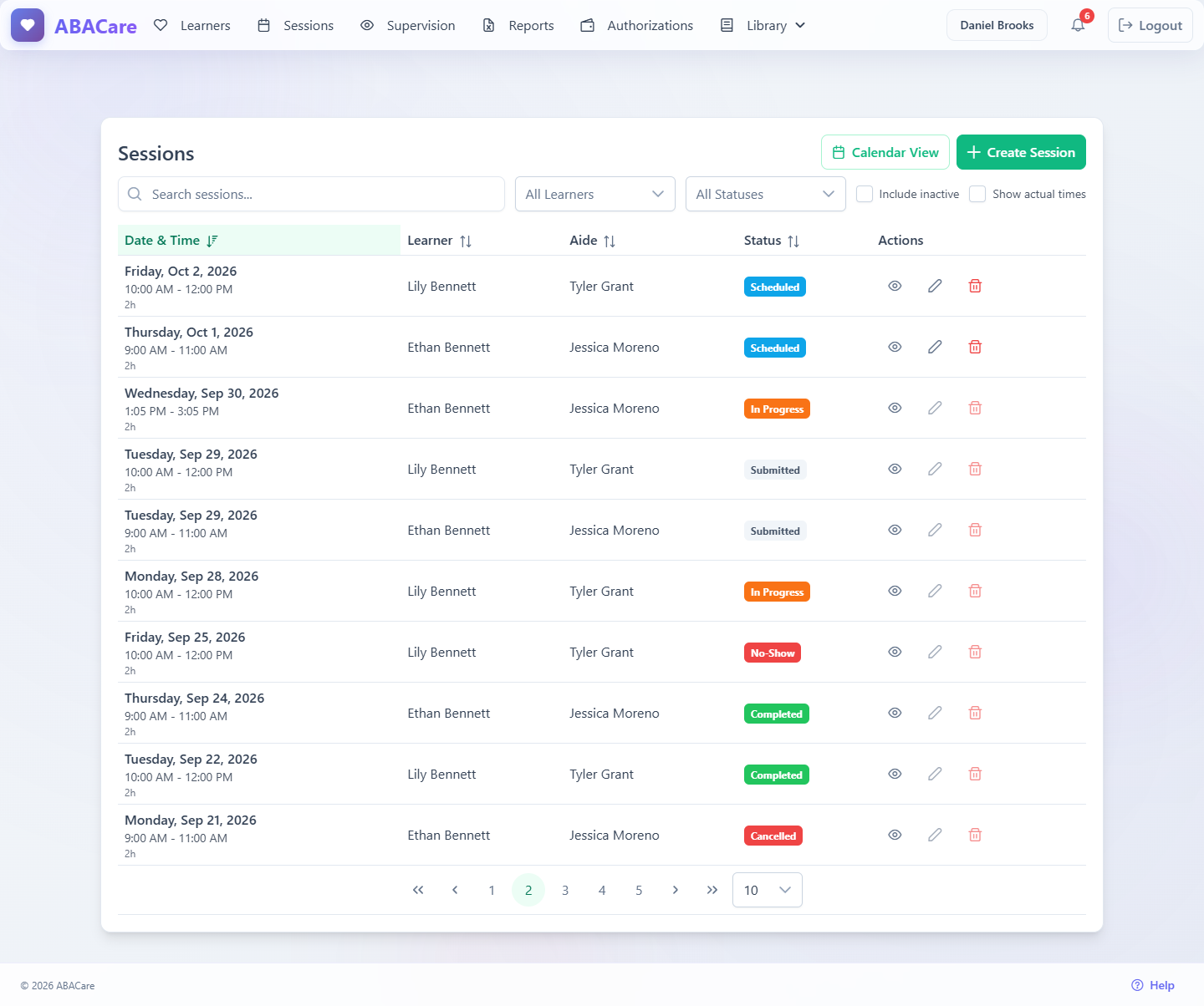 The sessions list in the web app with the search box, filters and sessions of several statuses