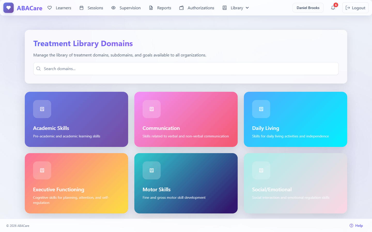 The Treatment Library Domains page with the search field and one card per domain