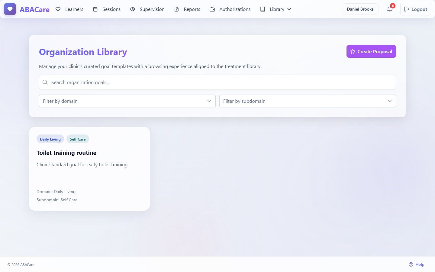 The Organization Library page with the search field, the domain and subdomain filters, a clinic goal card and the Create Proposal button