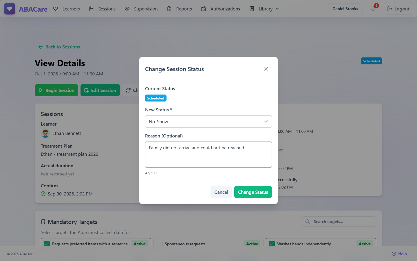 The Change Session Status window in the web app with No-Show chosen and a reason typed