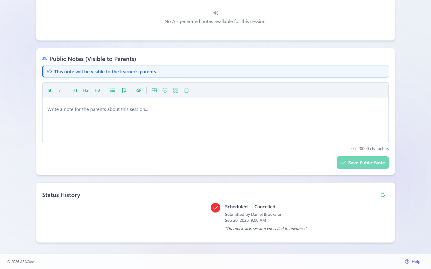 A cancelled session in the web app with its Status History showing the change to Cancelled and the reason