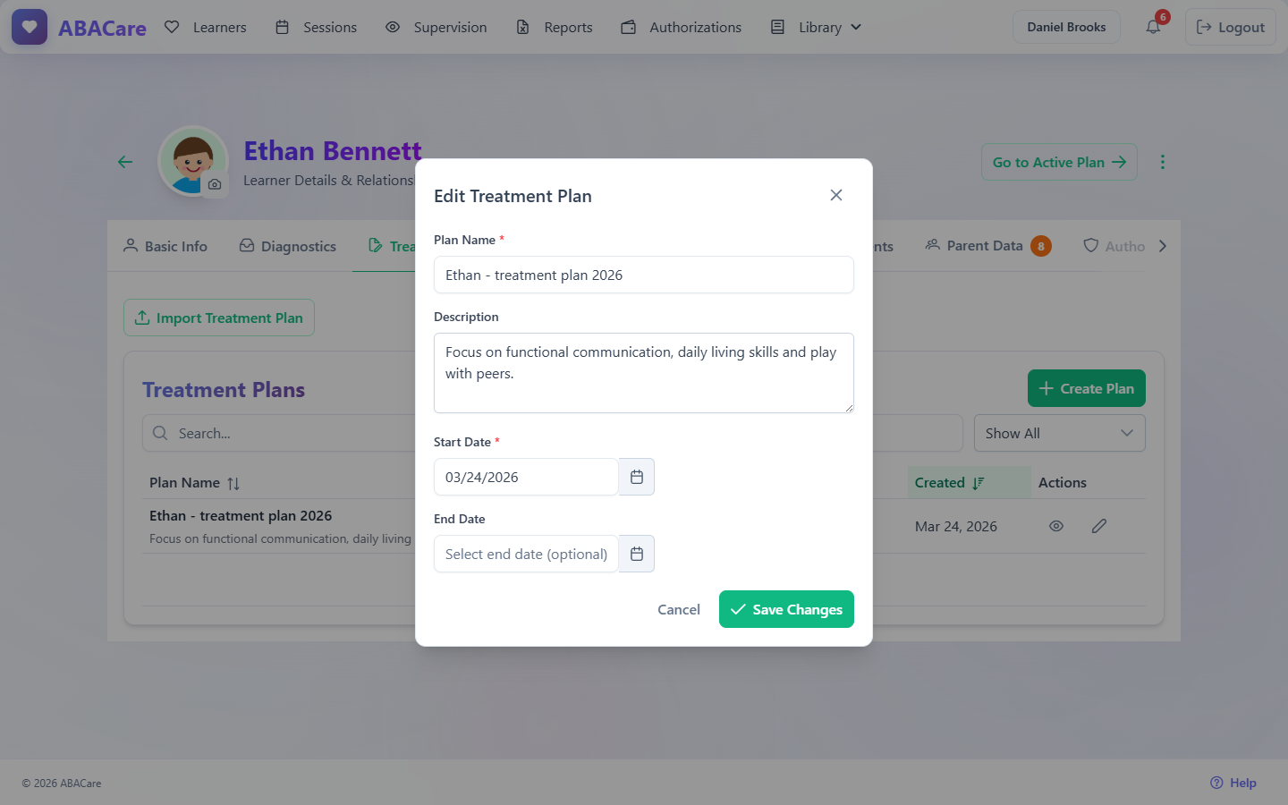 The Edit Treatment Plan window over the learner's Treatment Plans tab, with the plan name, description, start date and end date