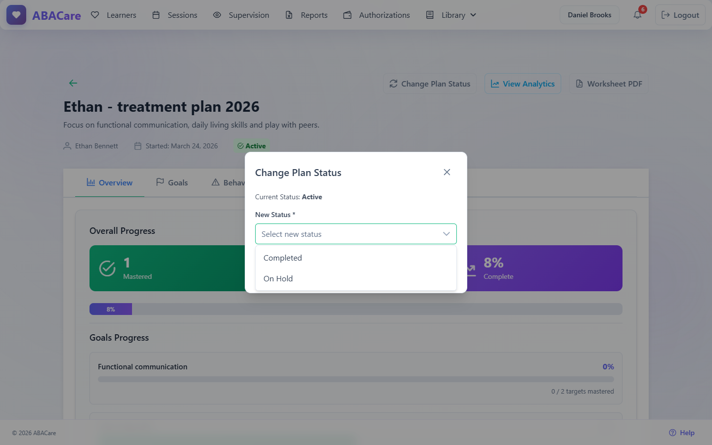 The Change Plan Status window on an Active treatment plan with the current status and the new status list open