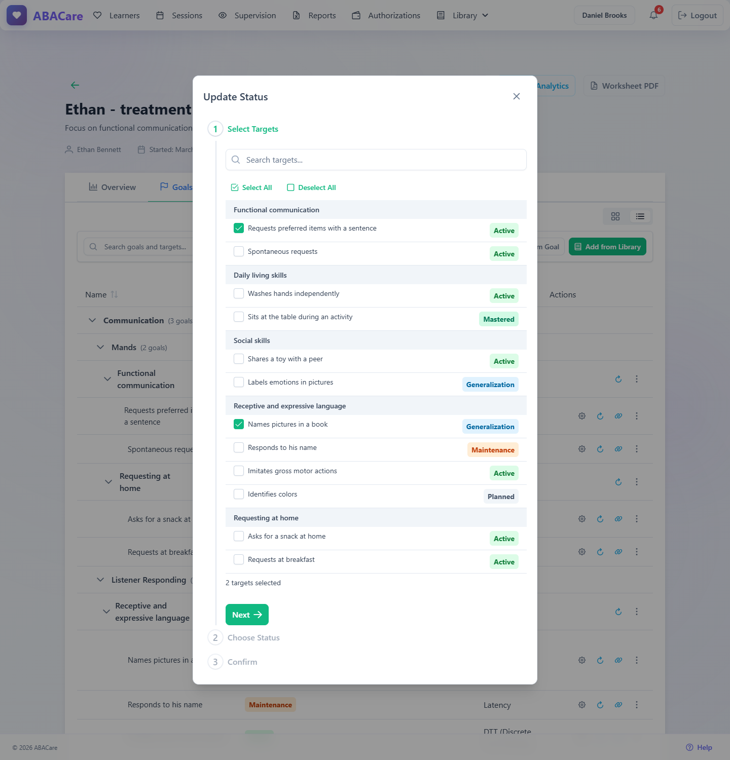 The first step of the Update Status wizard with targets grouped by goal and their current statuses