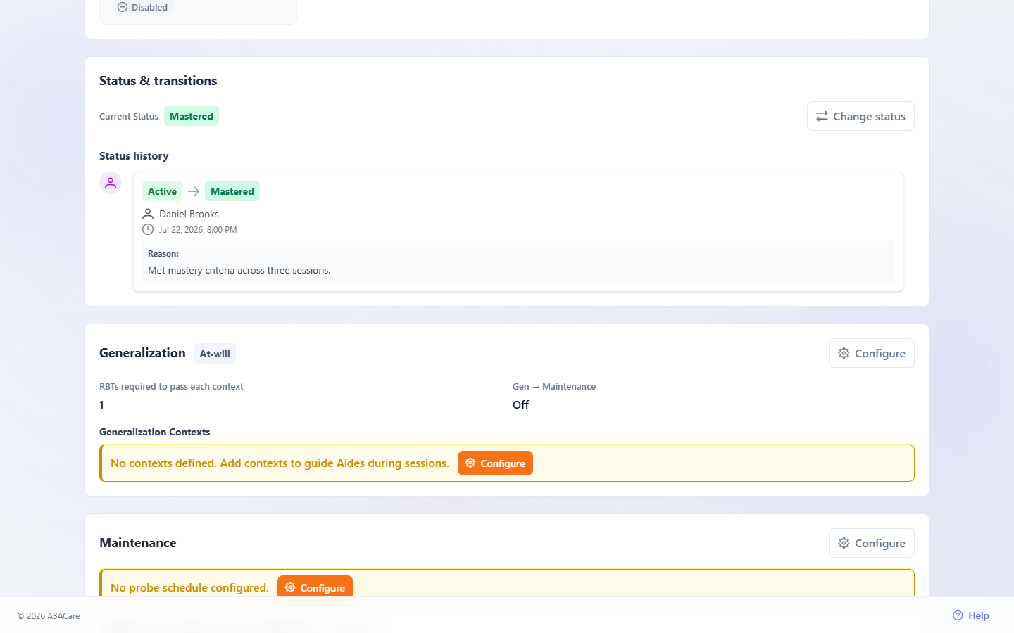 The Status and transitions section of a mastered target's details page with its status history and reasons
