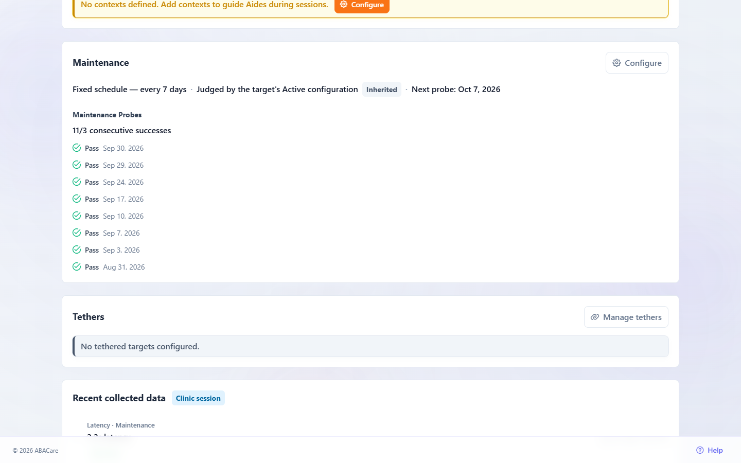 The Maintenance section of a target's details page with the fixed schedule, the next probe date and the recent probes