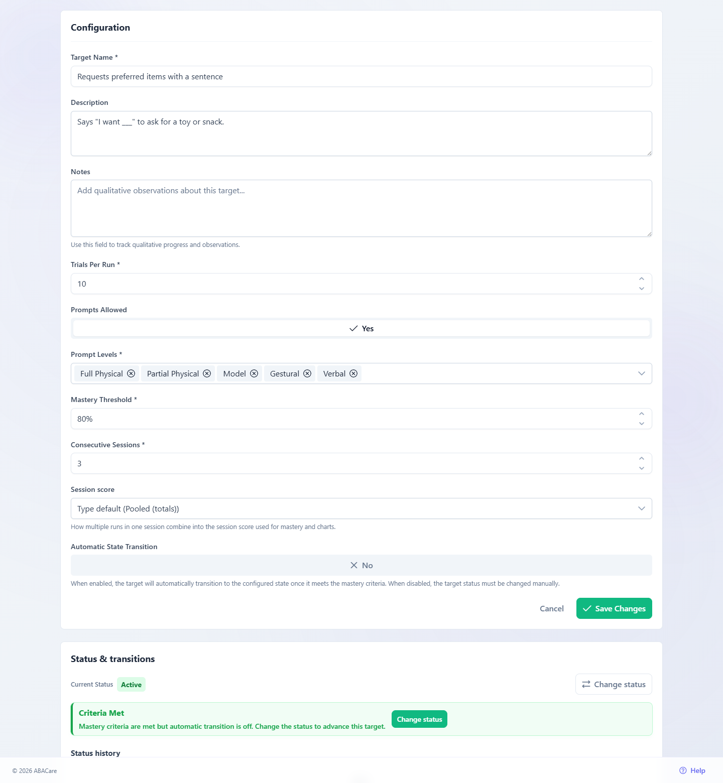 The Configuration section of a DTT target's details page in edit mode, with the DTT settings, Session score and Automatic State Transition