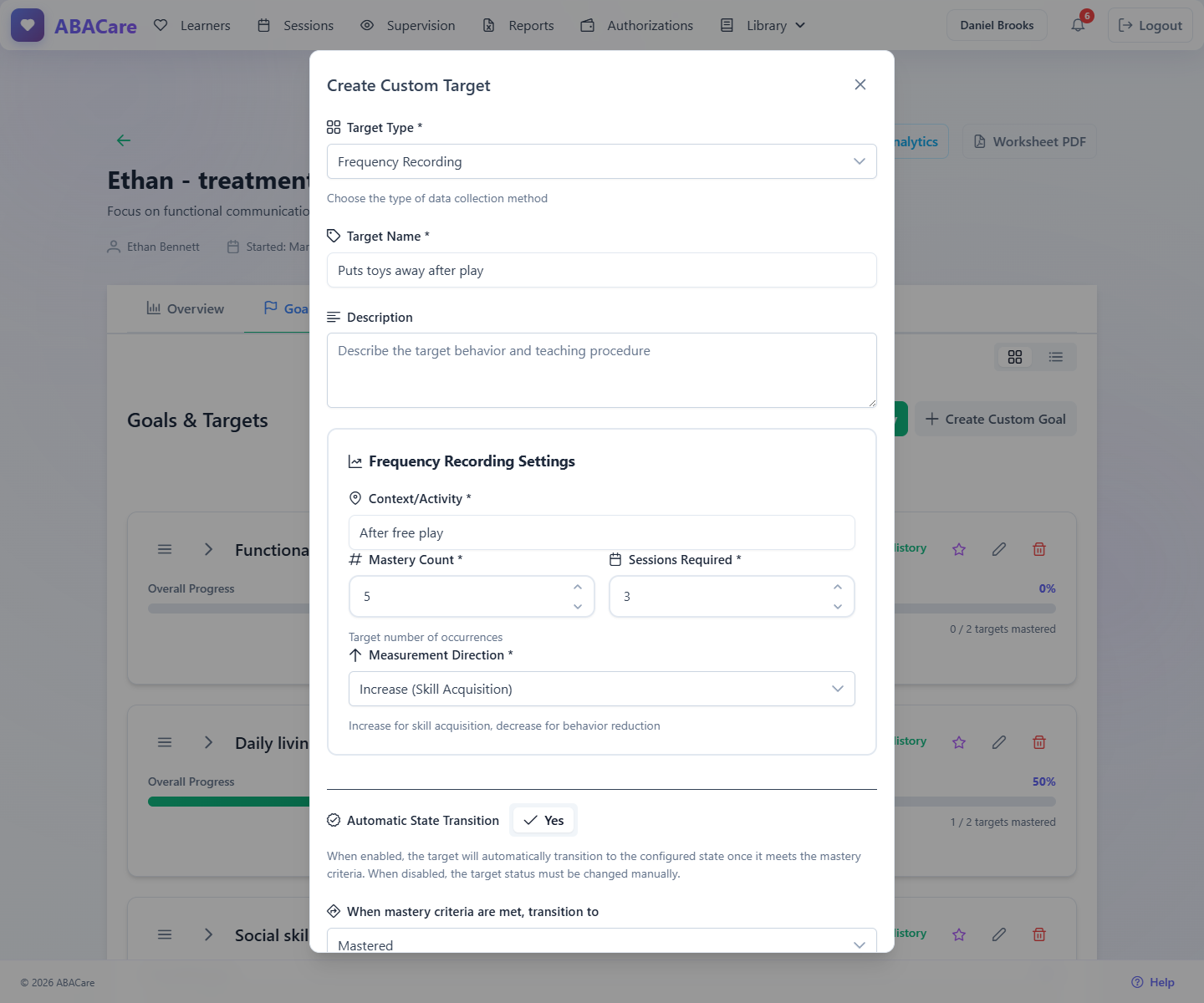 The Create Custom Target window with Frequency Recording selected, the Context/Activity field and the mastery fields