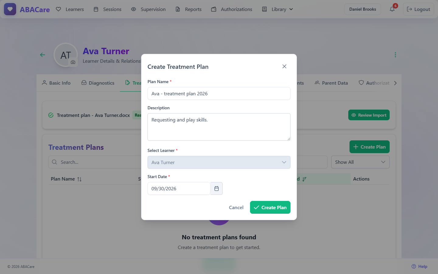 The Create Treatment Plan window with a plan name, a description and a start date filled in
