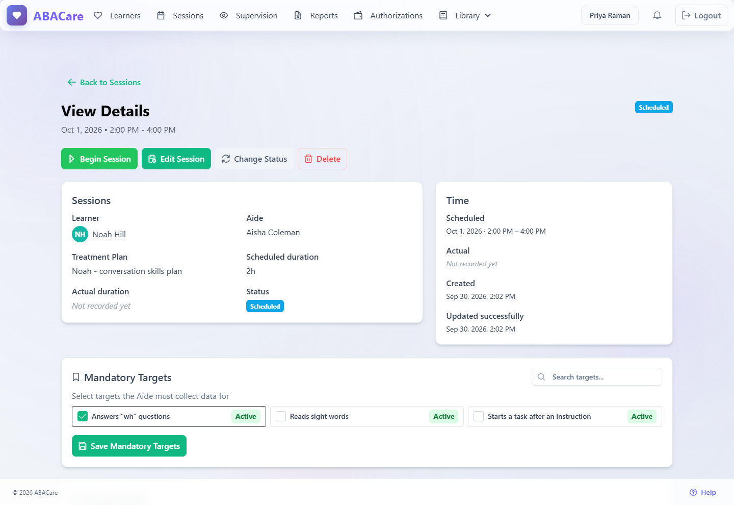 A scheduled session in the web app with the Begin Session button and the Mandatory Targets card