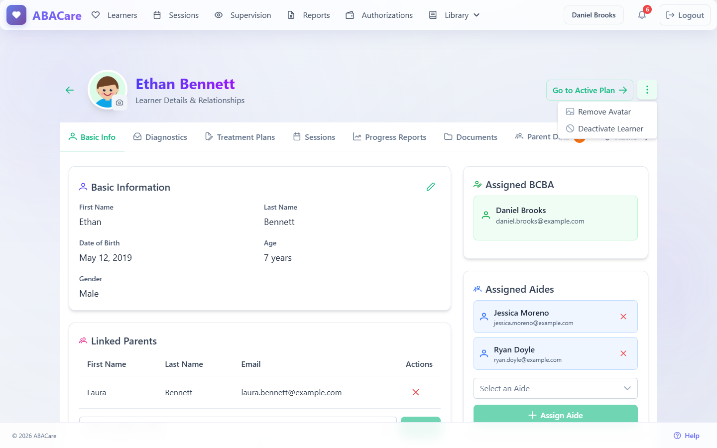 The learner's page with the actions menu open, showing Remove Avatar and Deactivate Learner