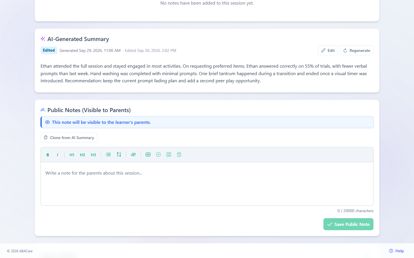 The AI-Generated Summary card on a submitted session in the web app, with the drafted note, its dates and the Edit and Regenerate buttons