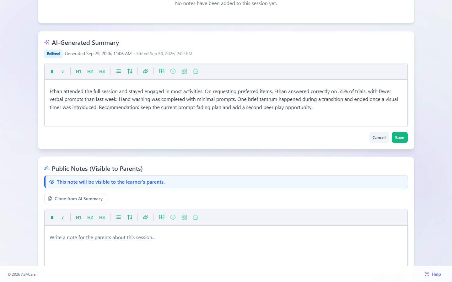 The AI-Generated Summary card in edit mode, with the note in the editor and the Cancel and Save buttons