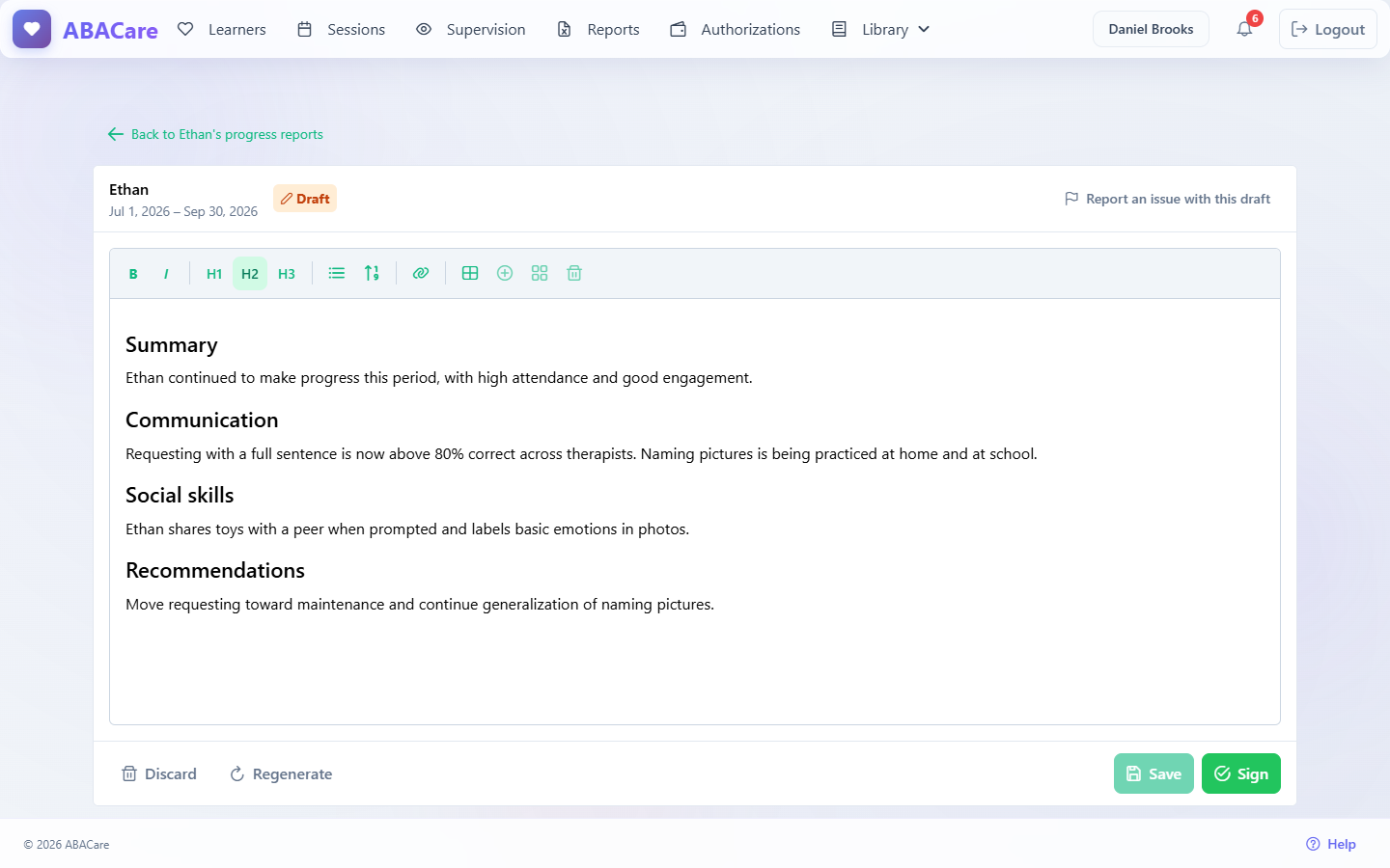 A progress report draft open in the editor, with its headings and text, the save indicator and the Discard, Regenerate, Save and Sign buttons