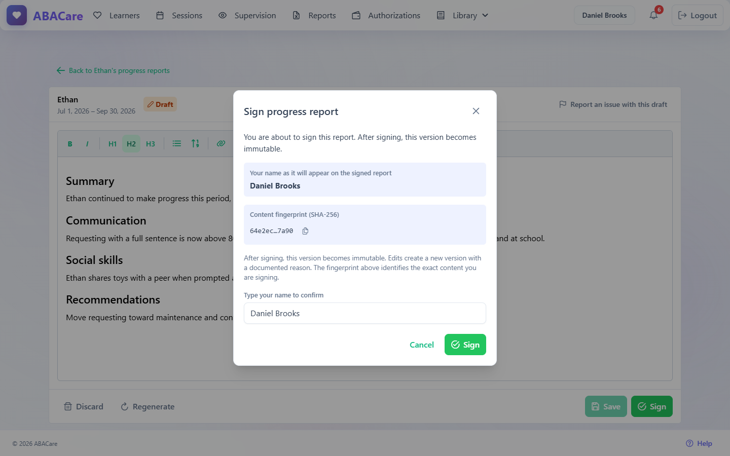 The Sign progress report window with the signer's name, the content fingerprint and the name typed to confirm