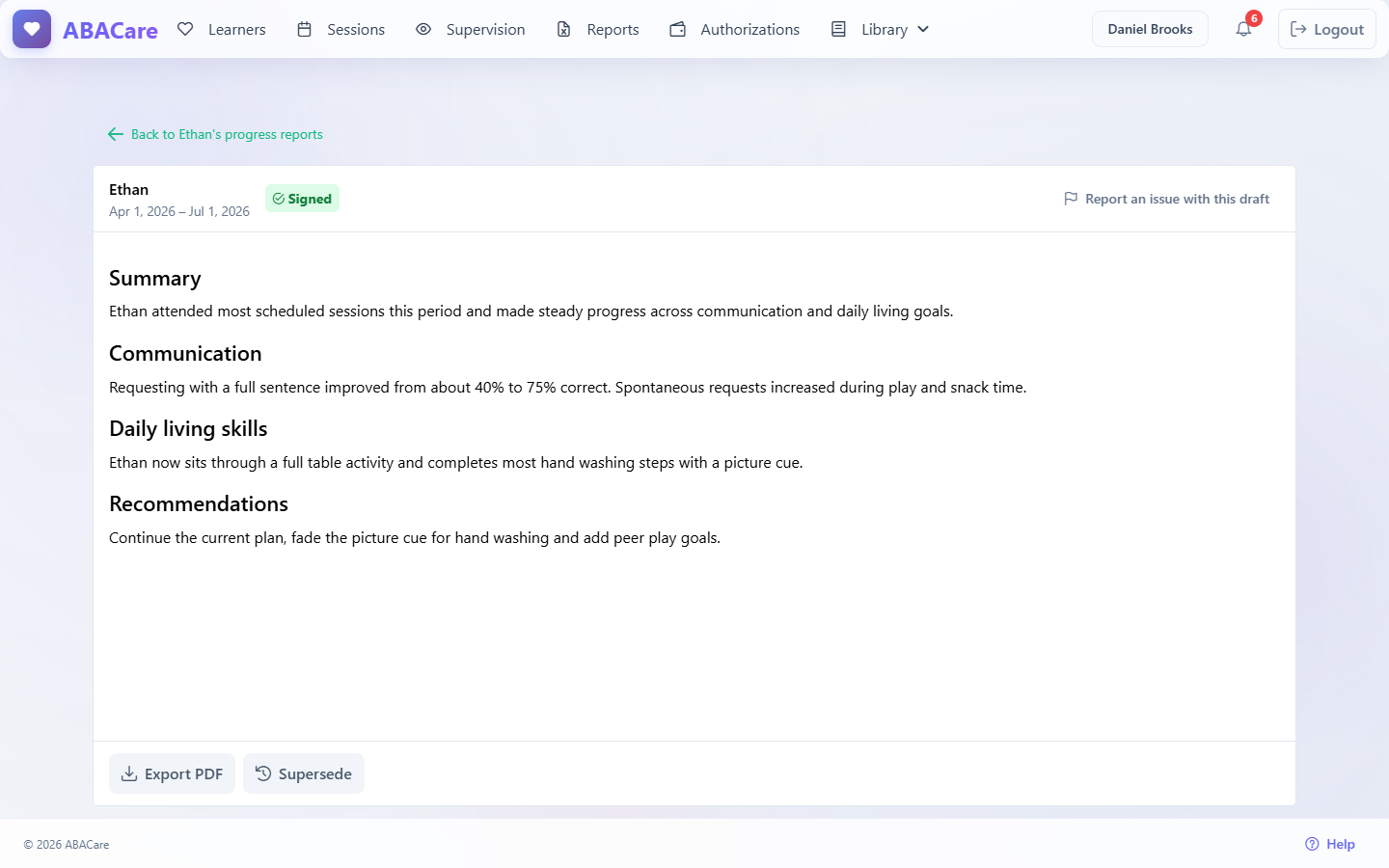A signed progress report open read only, with the Supersede and Export PDF buttons
