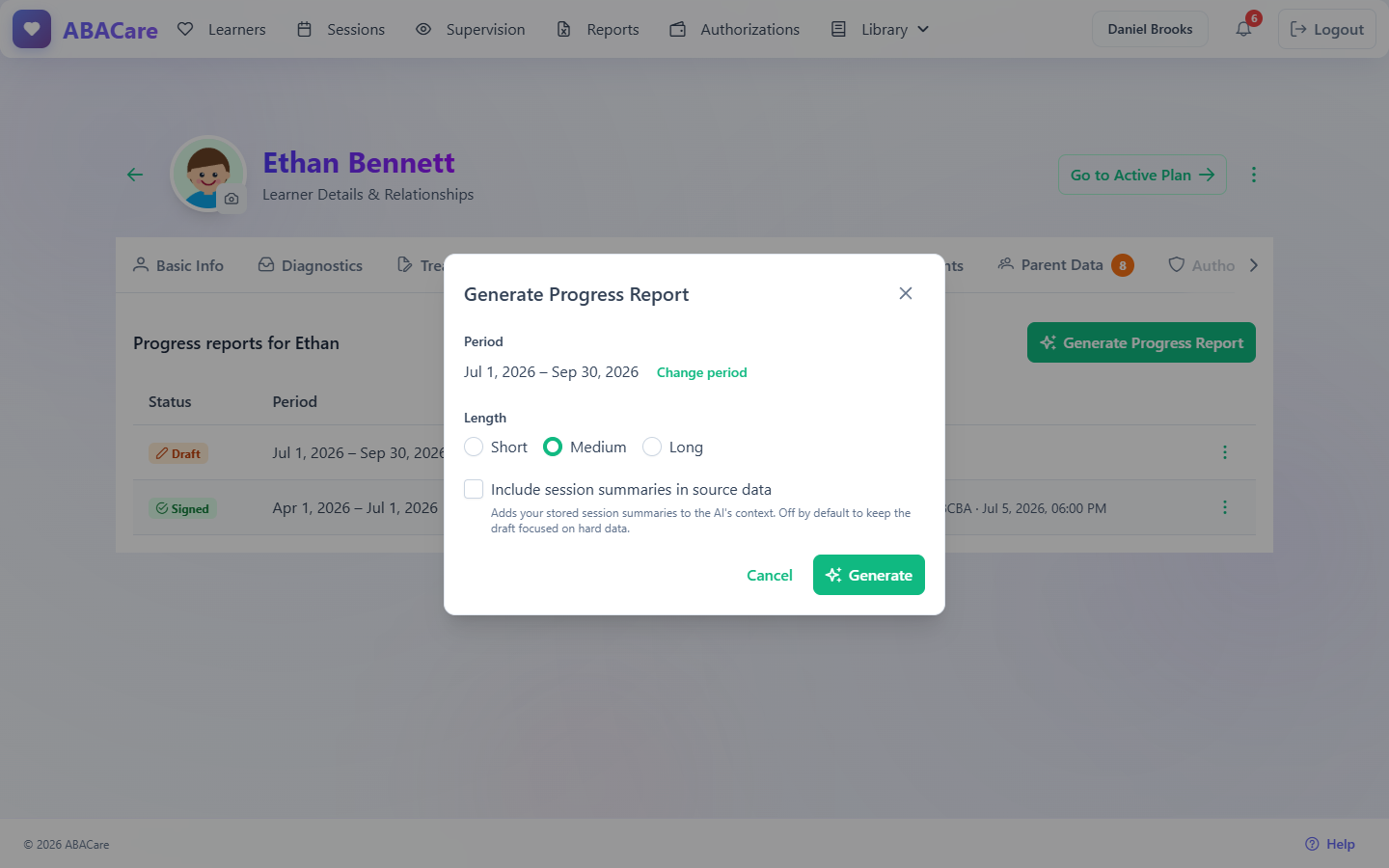 The Generate Progress Report window with the suggested period, Change period, the length choice and the session summaries option