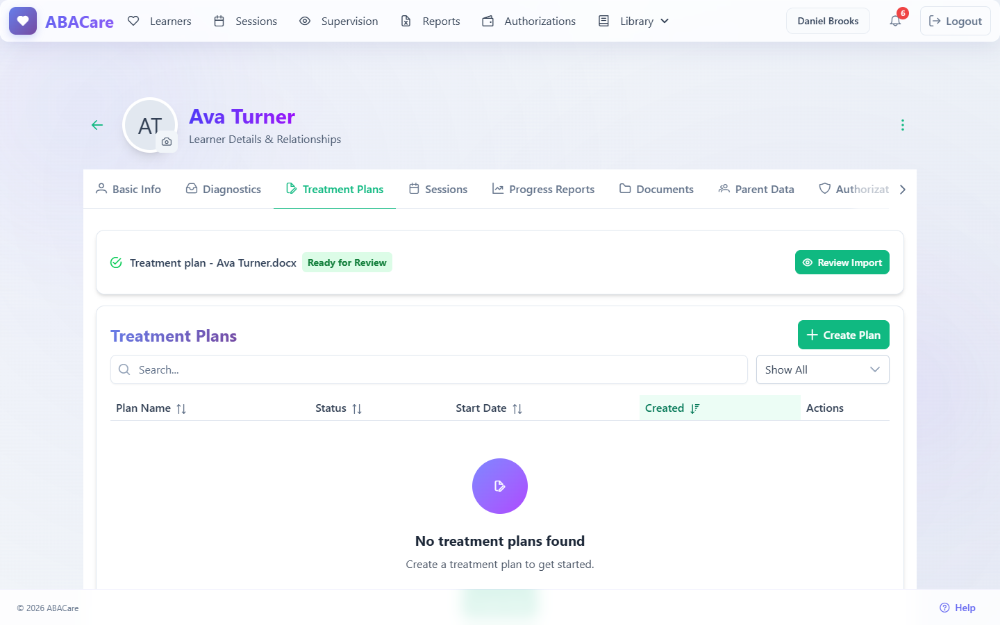The import card on a learner's Treatment Plans tab with the file name, the Ready for Review tag and the Review Import button