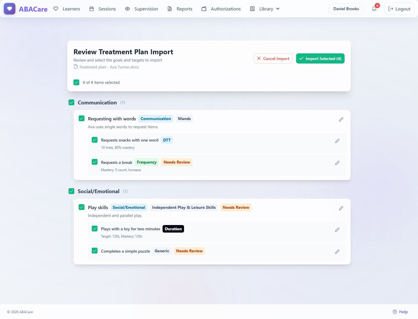 The Review Treatment Plan Import page with goals grouped by domain, Needs Review tags and the Import Selected button