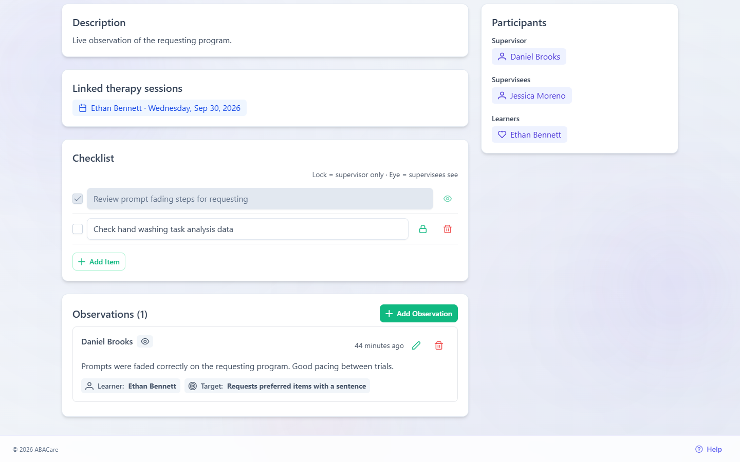 The Checklist card of an in-progress supervision in the web app with one done item, one supervisor-only item and the Add Item button
