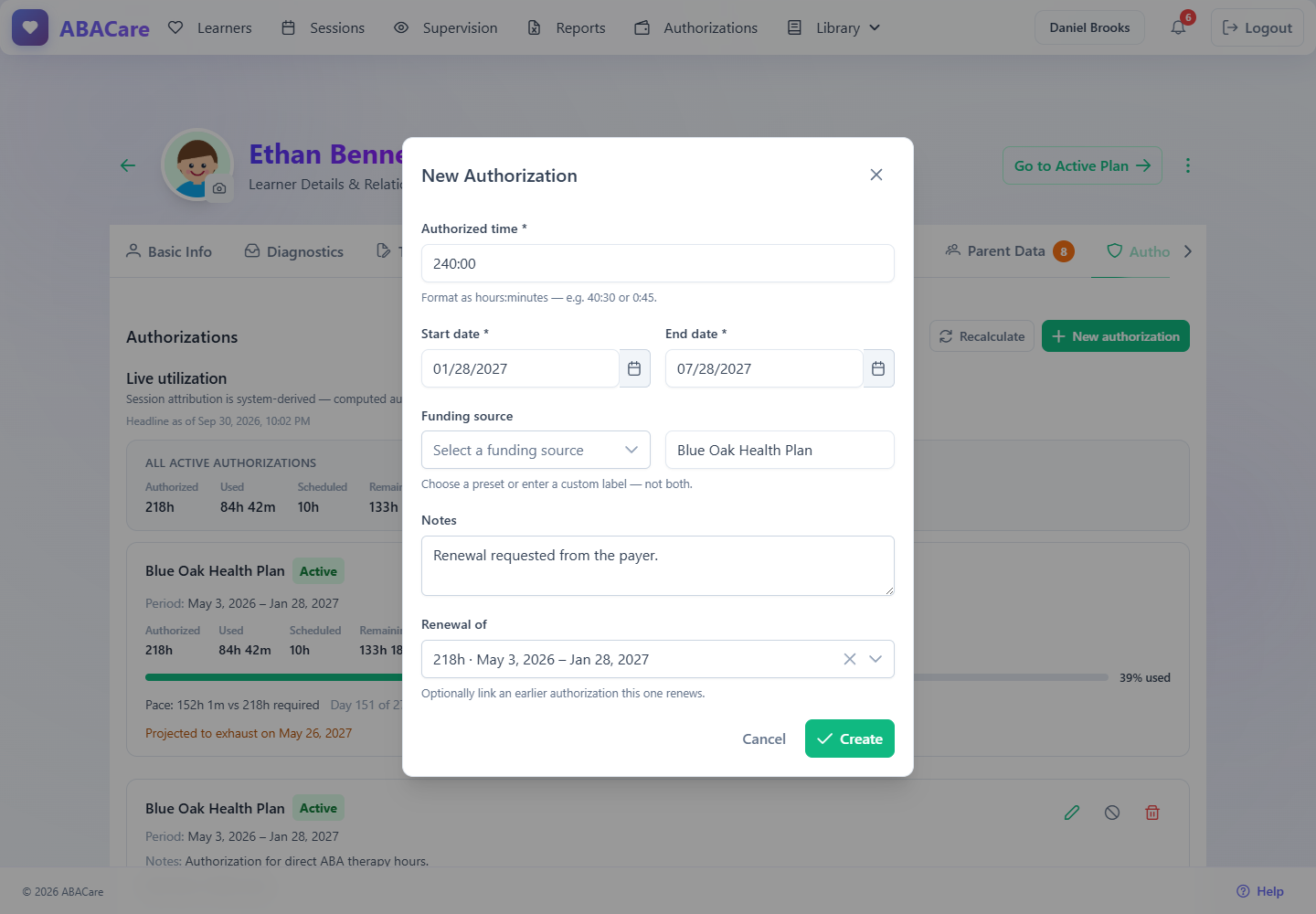 The New Authorization window with the authorized time, start and end dates, a custom funding label, notes and a renewal link filled in