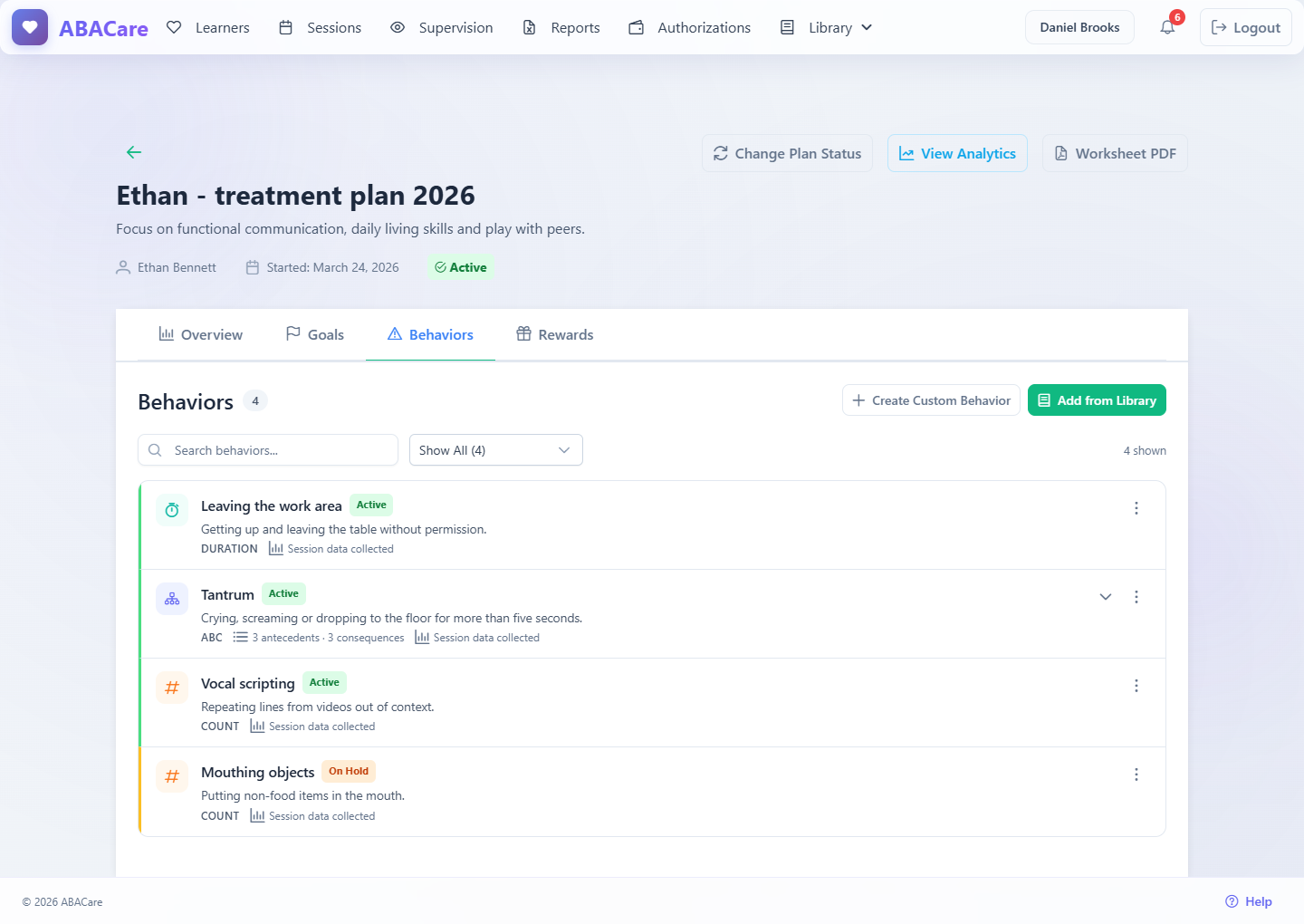 The Behaviors tab of a treatment plan in the web app with an ABC, a Count and a Duration behavior, one On Hold, and the Add from Library and Create Custom Behavior buttons
