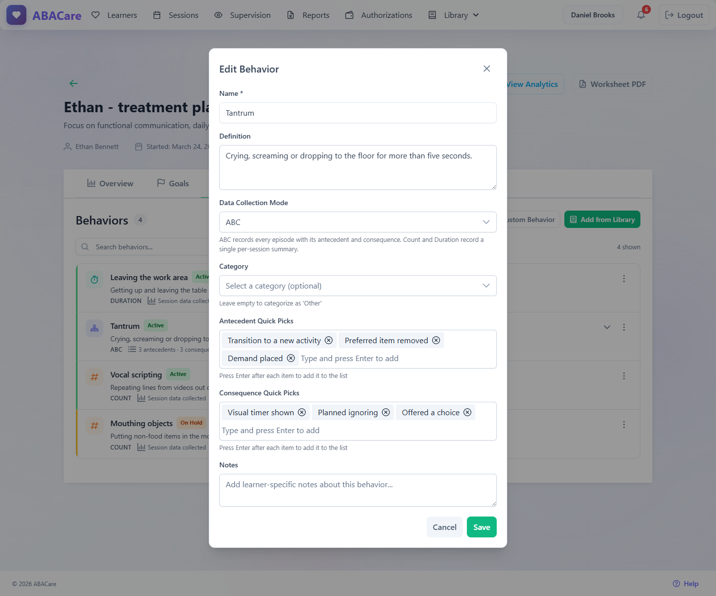 The Edit Behavior window for an ABC behavior with the Data Collection Mode and the antecedent and consequence quick picks
