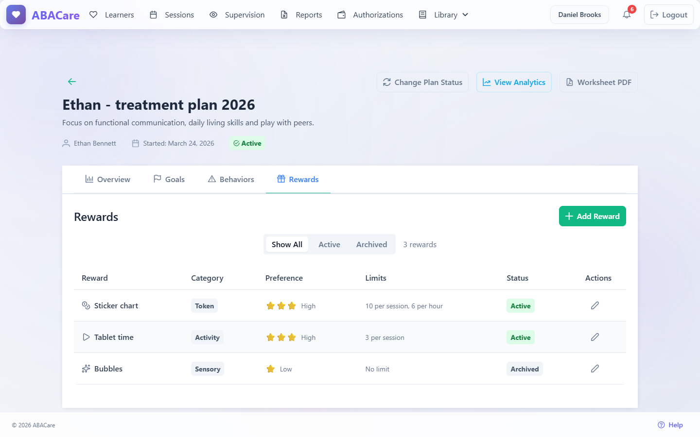 The Rewards tab of a treatment plan in the web app with two active rewards and their limits, one archived reward and the Add Reward button