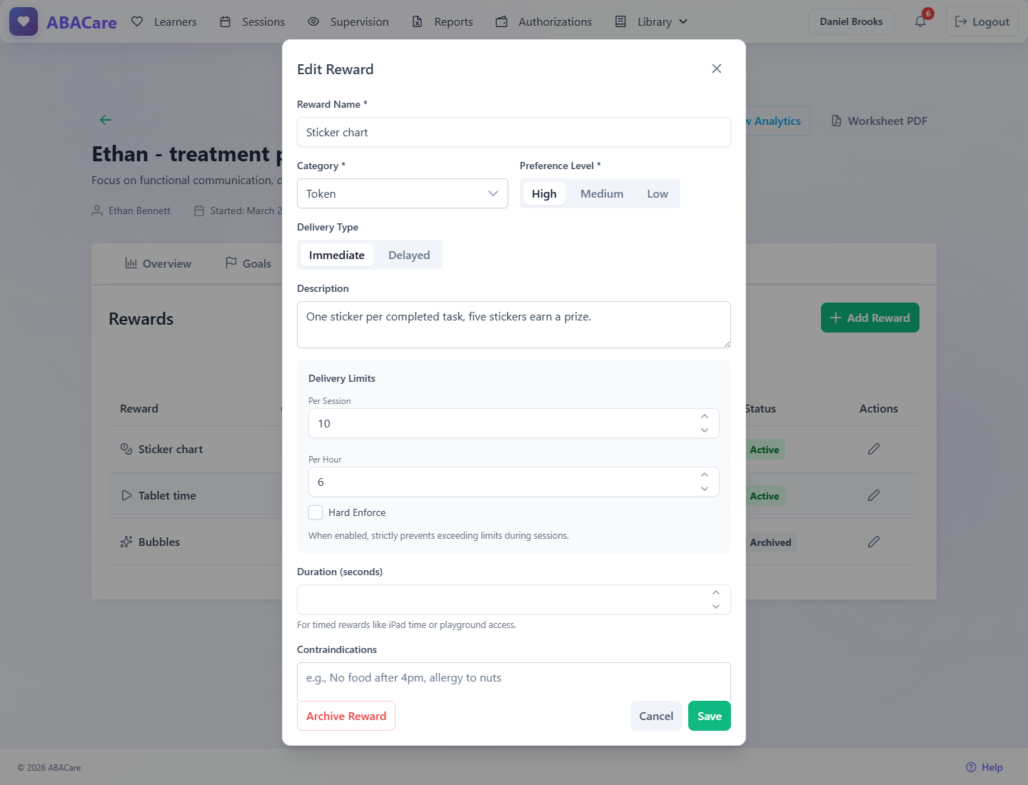 The Edit Reward window with the category, preference, the Delivery Limits section with Per Session and Per Hour, Hard Enforce and the Archive Reward button