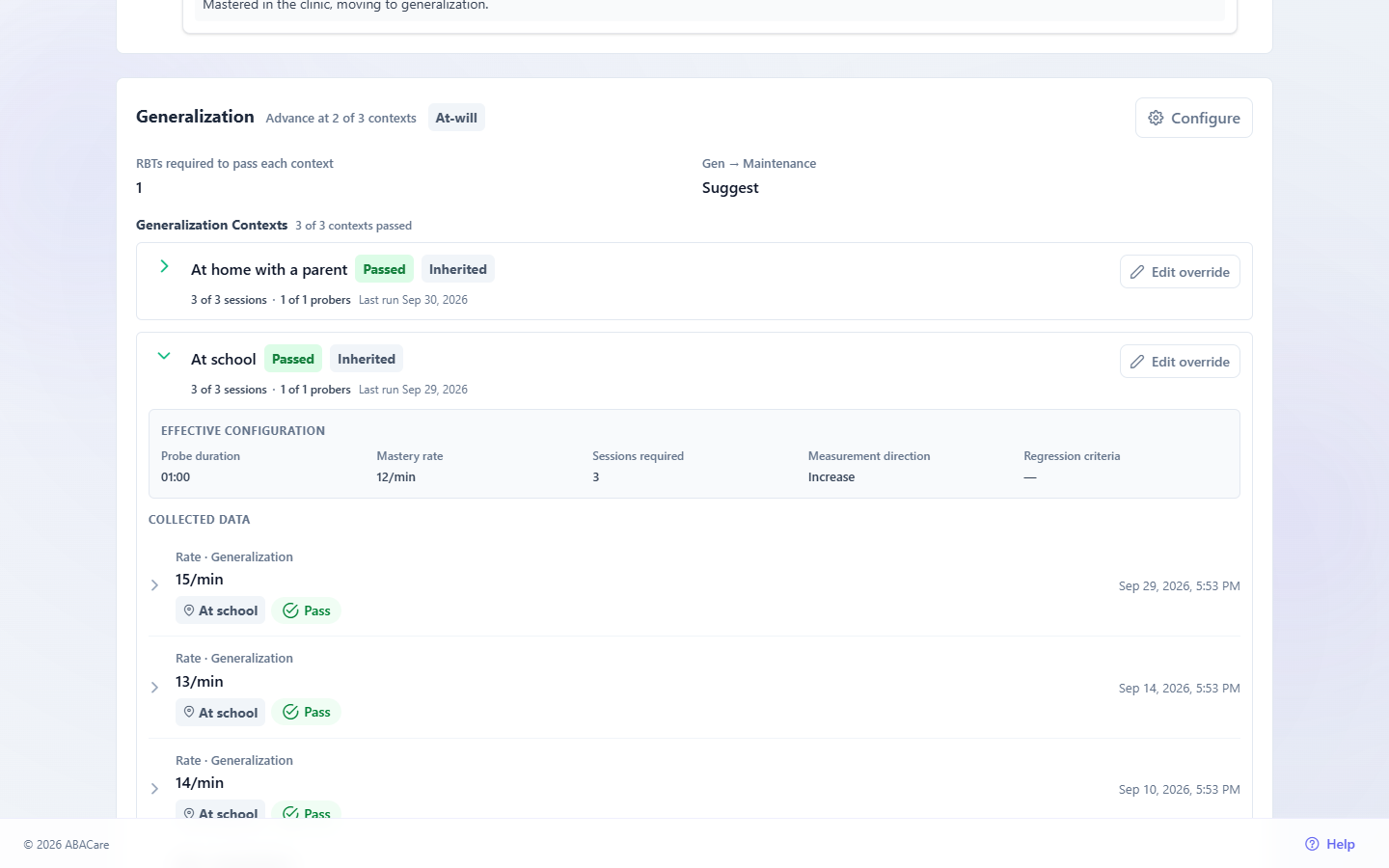 The Generalization section of a target page in the web app, with one context open showing its effective configuration and the Edit override button