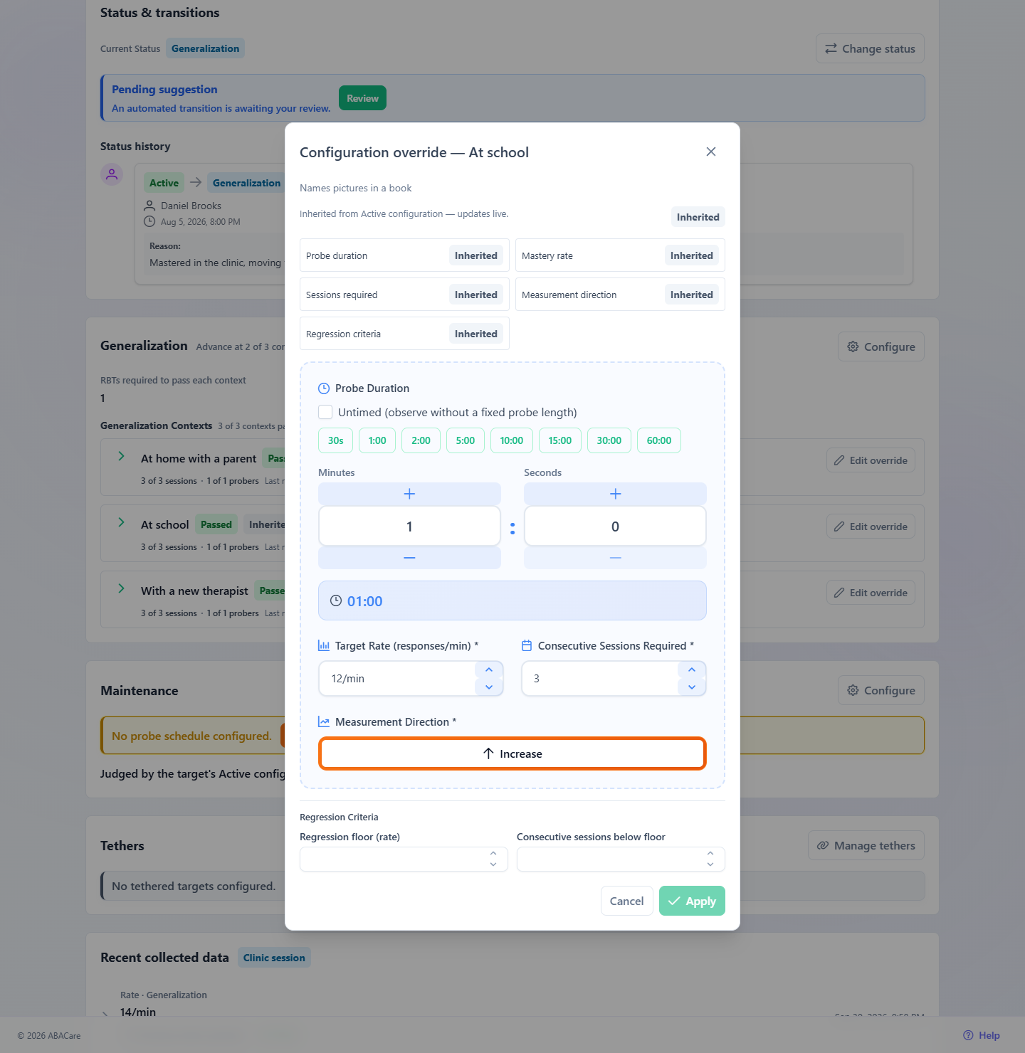 The Configuration override window for one context, with the helper line, the target's measurement fields, Regression Criteria and the Apply button