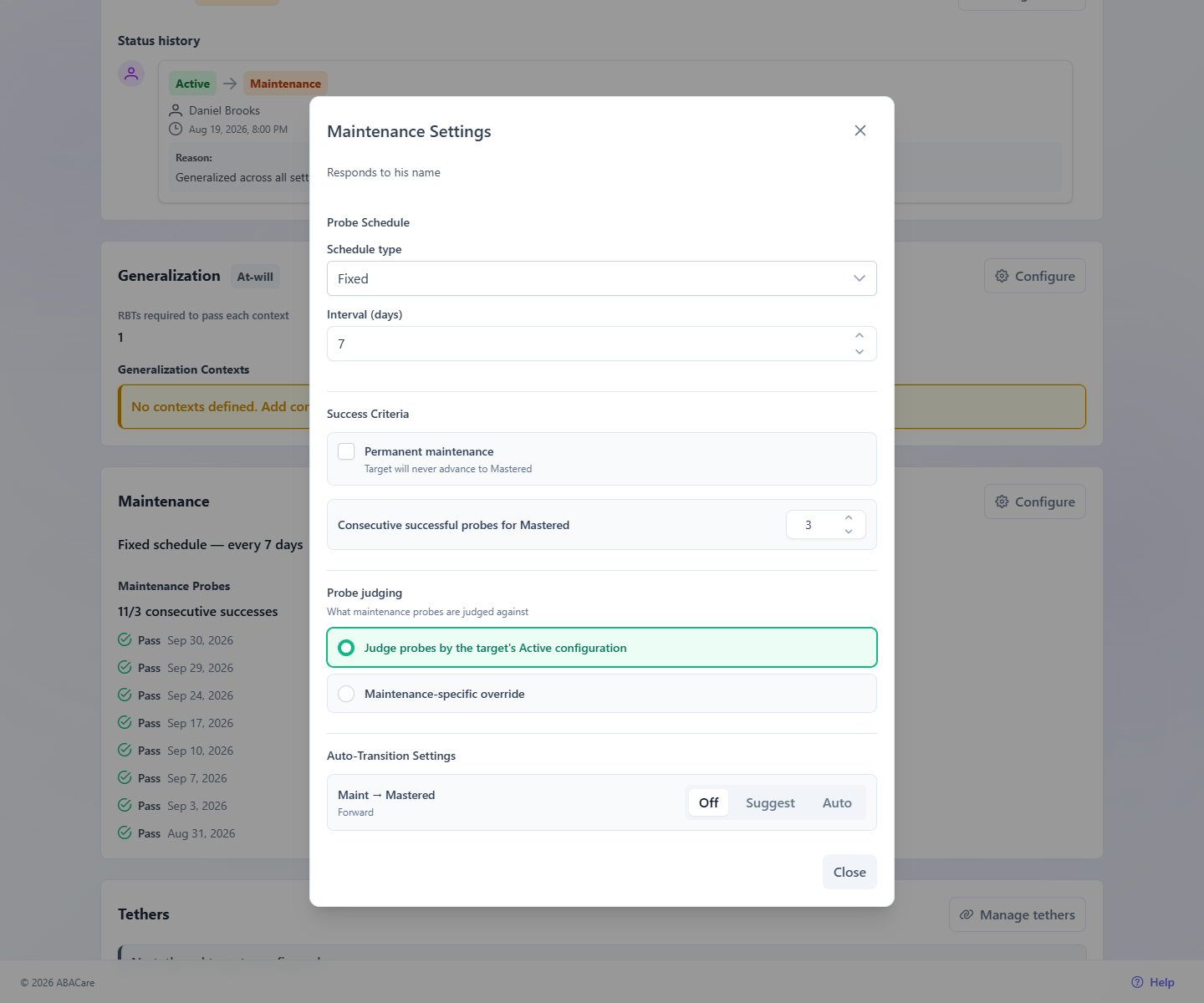 The Maintenance Settings window in the web app with the Probe judging row and its two choices