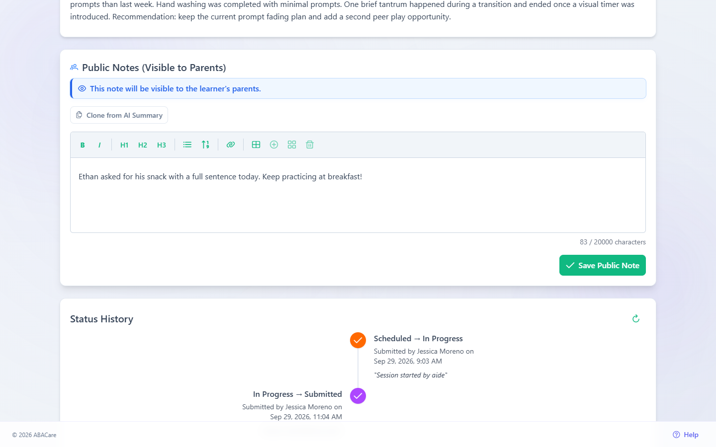 The Public Notes (Visible to Parents) card on a submitted session, with the banner, a note typed in the editor, the counter and the Save Public Note and Clone from AI Summary buttons