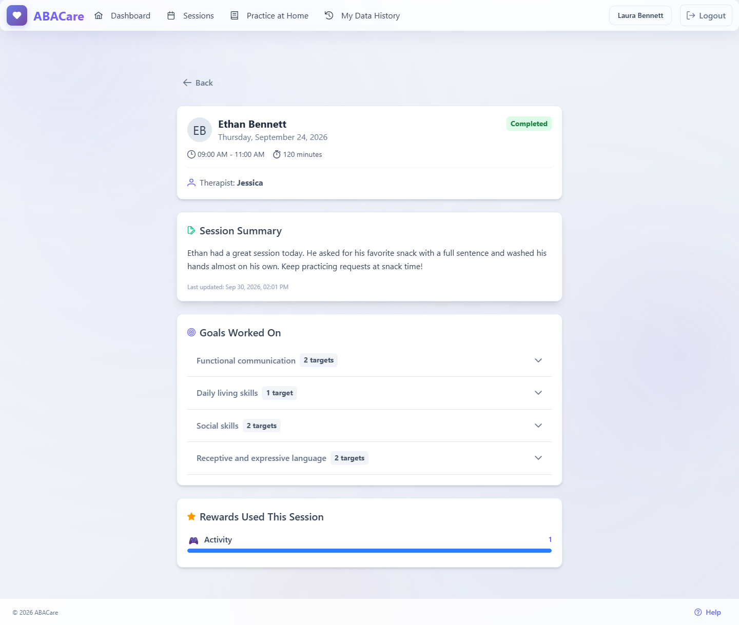A session's details page in the parent's web app with the published note under Session Summary