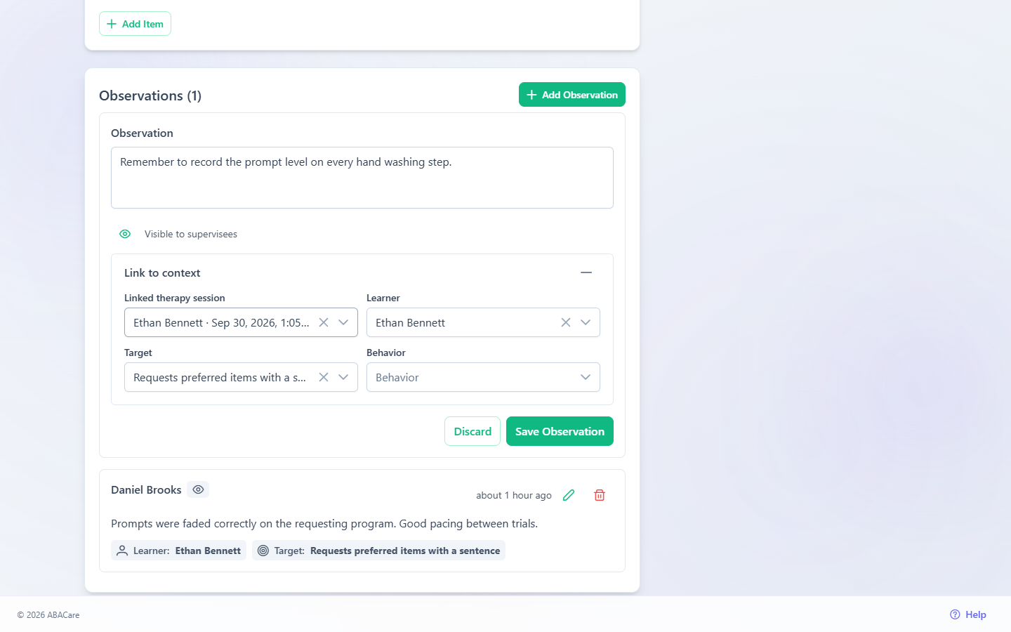 The Observations card of an in-progress supervision in the web app with the new observation form and Link to context open