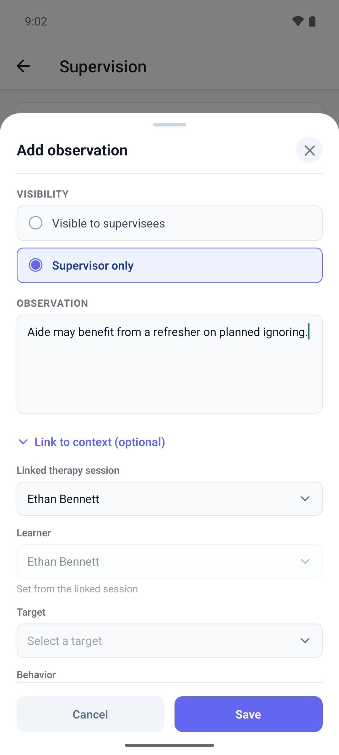 The Add observation window in the mobile app with the visibility options, the observation text and the Link to context section open