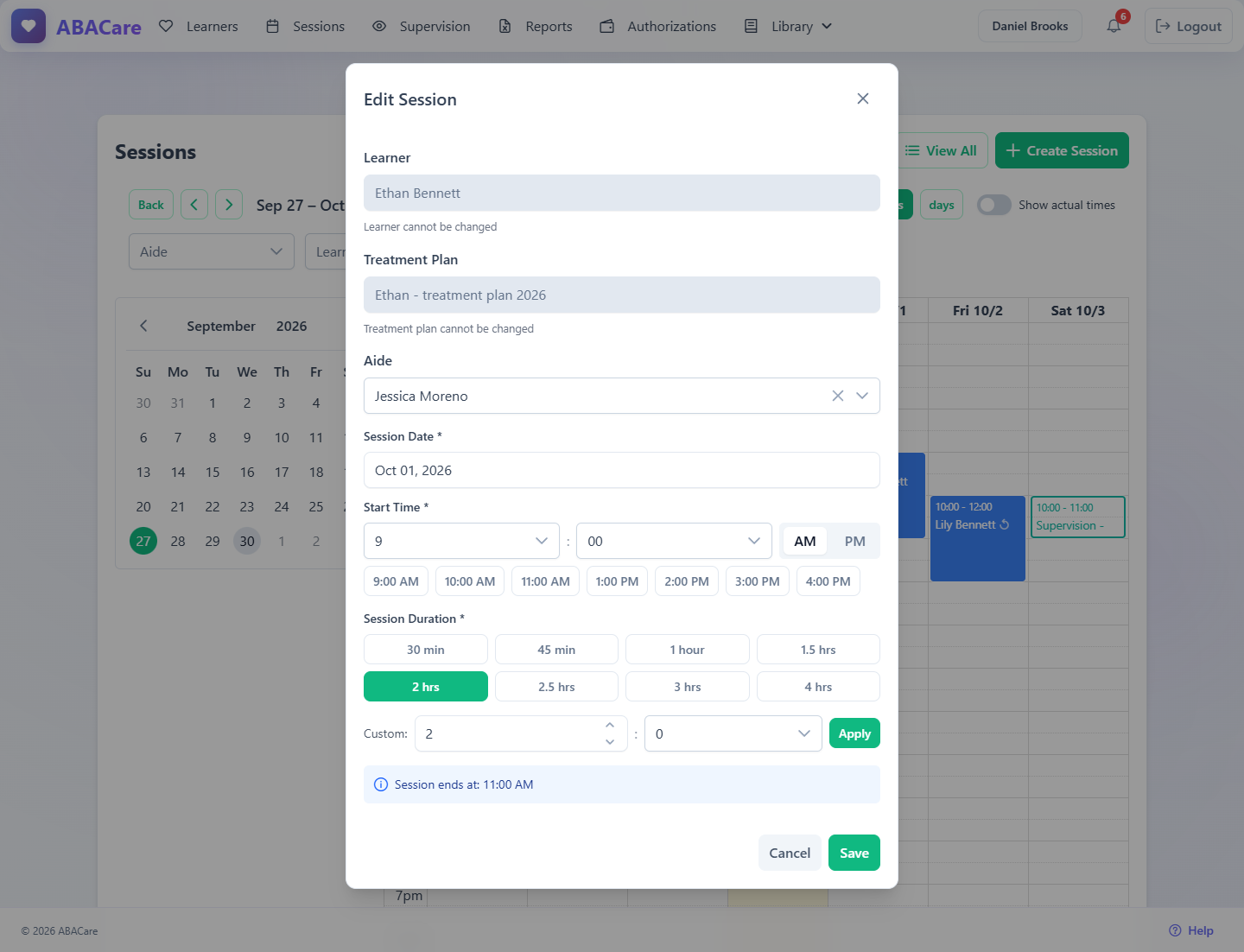 The Edit Session window in the web app for a scheduled session, with date, start time, duration and aide