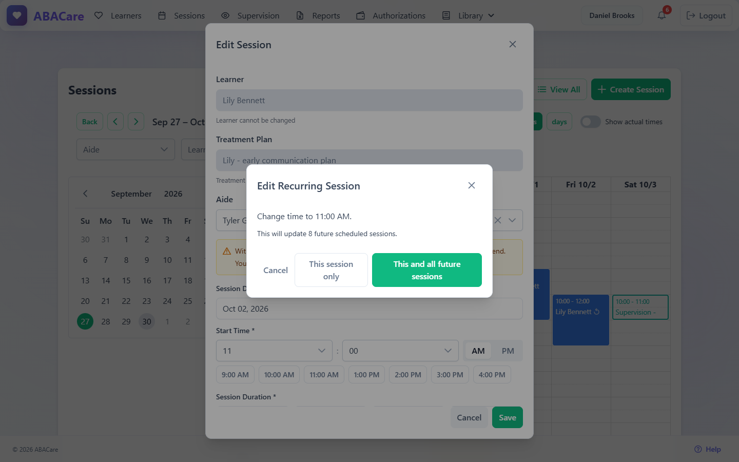 The Edit Recurring Session window with the change summary, the number of future sessions and the This session only and This and all future sessions buttons