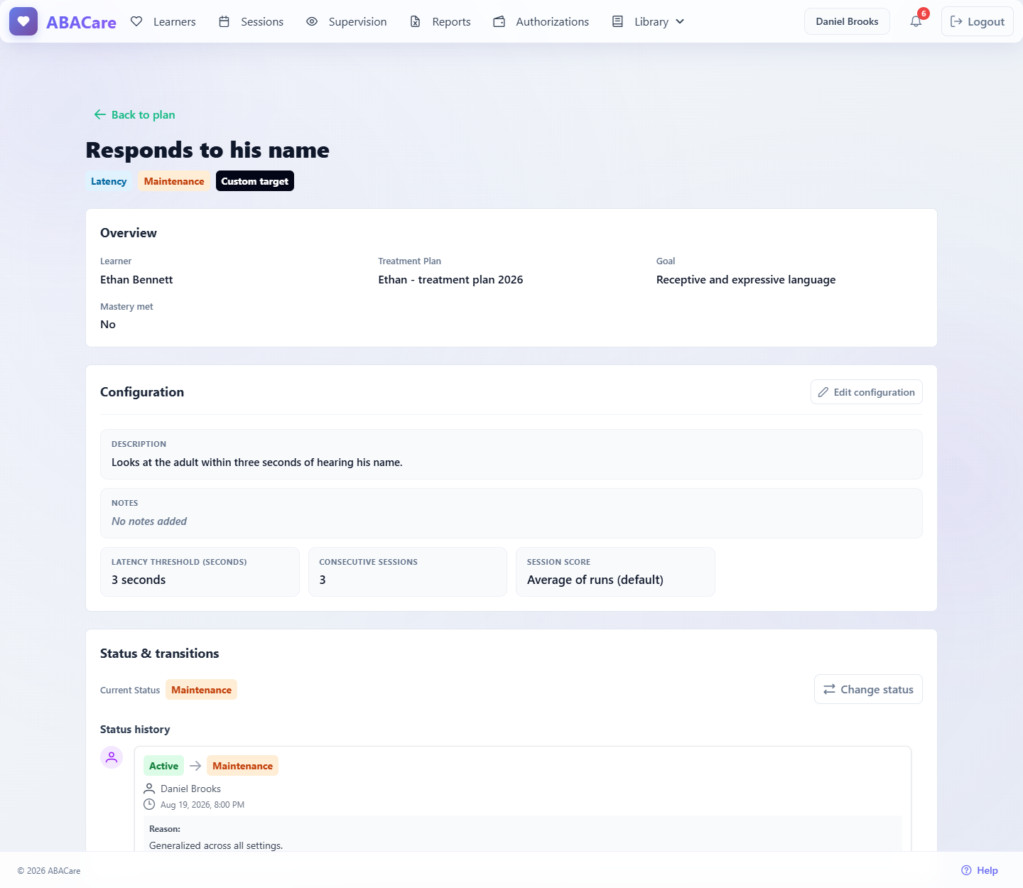 The top of a target page in the web app with the target name and tags, the Overview block and the Status & transitions section with the status history